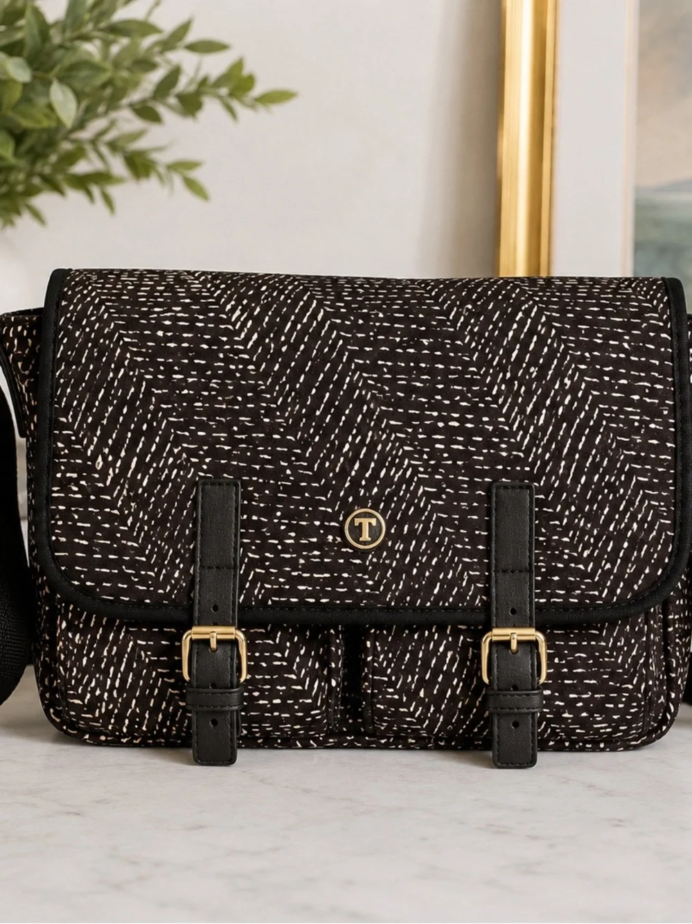 Talbots Black & Cream Abstract Print Crossbody Messenger Bag